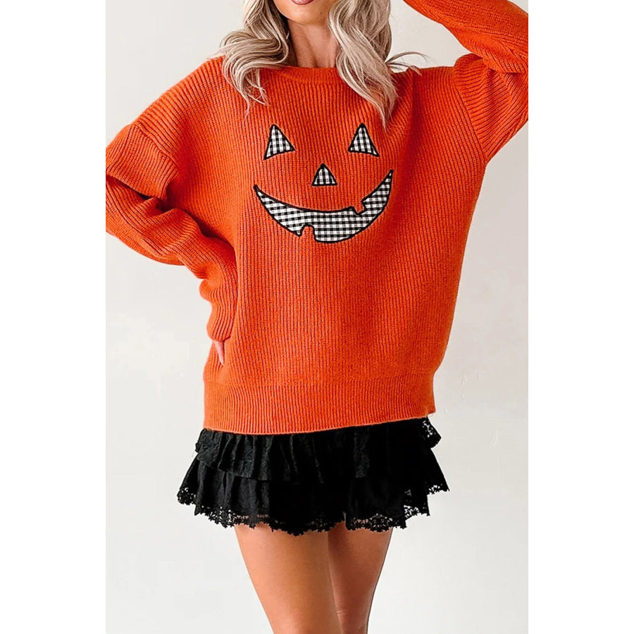 Orange Drop Shoulder Long Sleeve Round Neck Halloween Sweater Sweaters & Cardigans/Sweaters