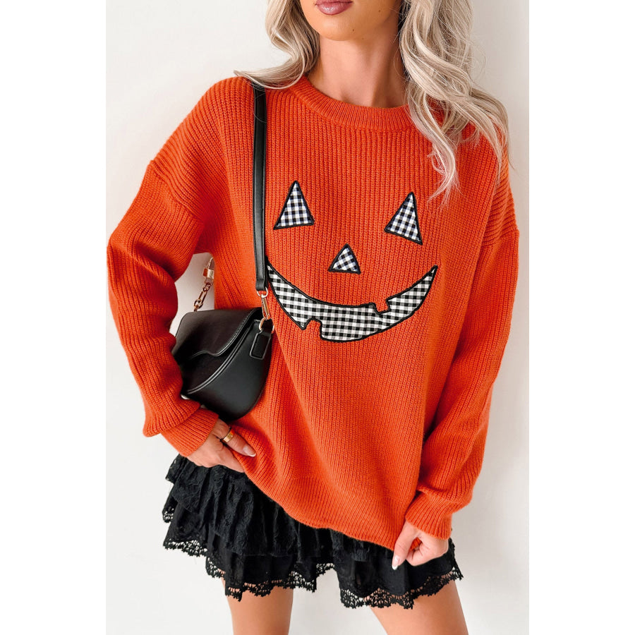 Orange Drop Shoulder Long Sleeve Round Neck Halloween Sweater Sweaters & Cardigans/Sweaters