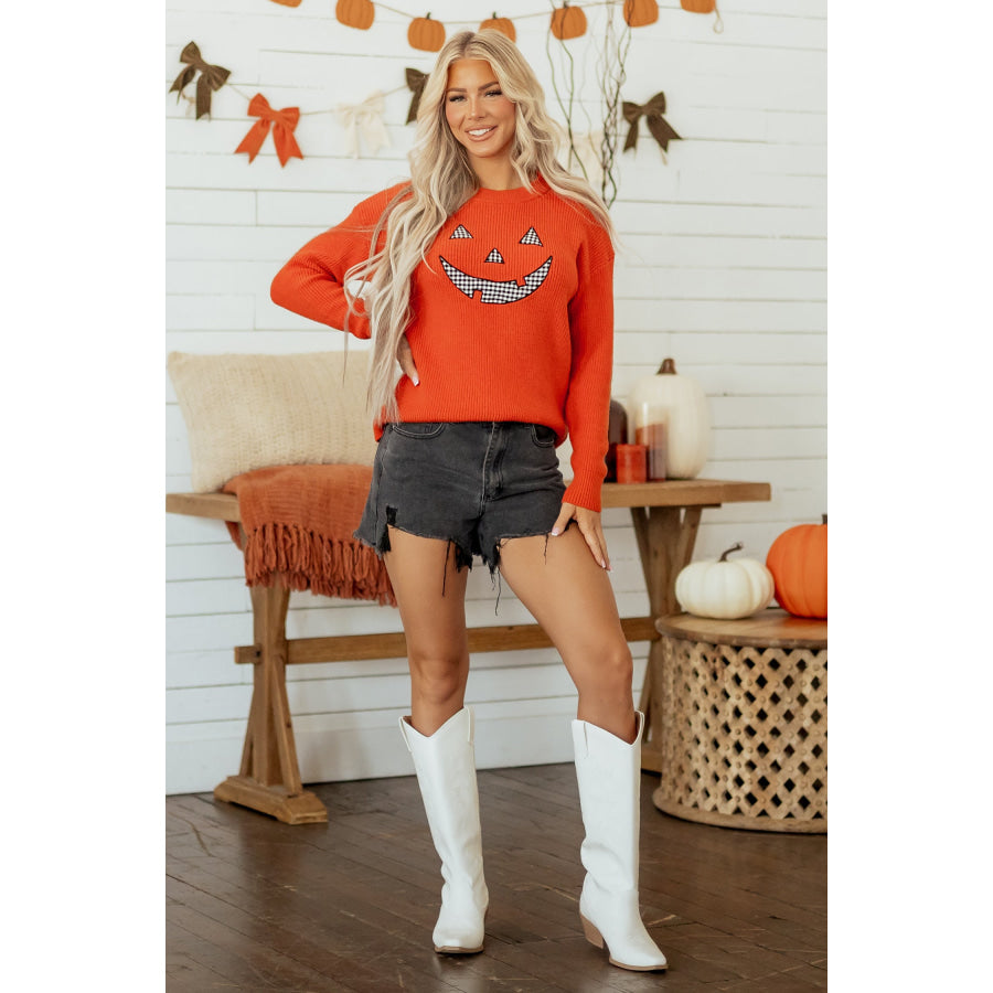 Orange Drop Shoulder Long Sleeve Round Neck Halloween Sweater Sweaters & Cardigans/Sweaters