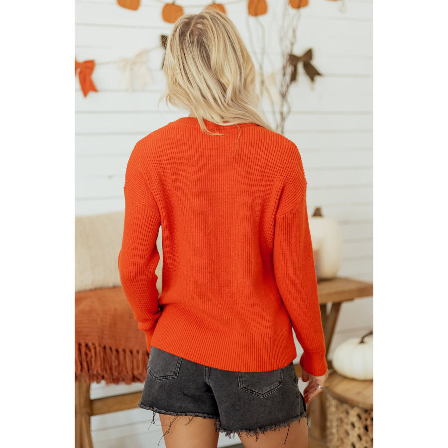 Orange Drop Shoulder Long Sleeve Round Neck Halloween Sweater Sweaters & Cardigans/Sweaters