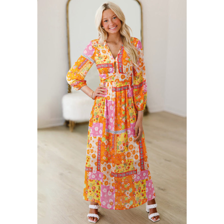 Orange Floral Patchwork Print Cut out Tied Back Bracelet Sleeve Maxi Dress Dresses/Maxi Dresses