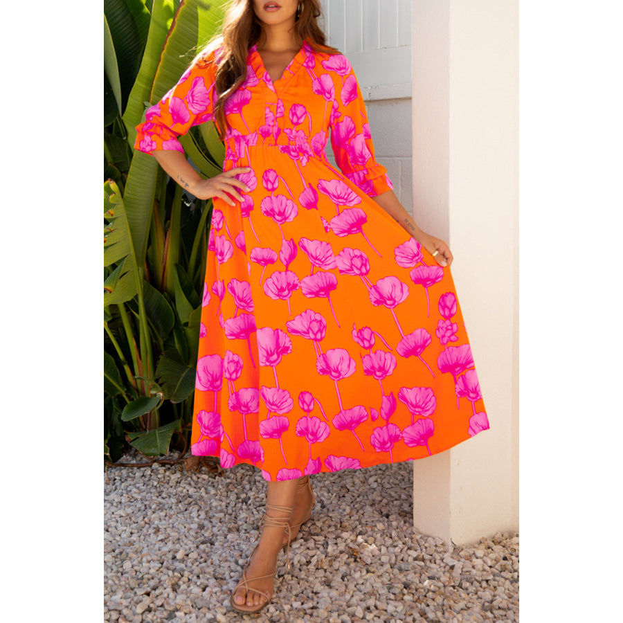Orange Floral Print Frilly Smocked V Neck 3/4 Sleeve Long Dress Dresses/Maxi Dresses
