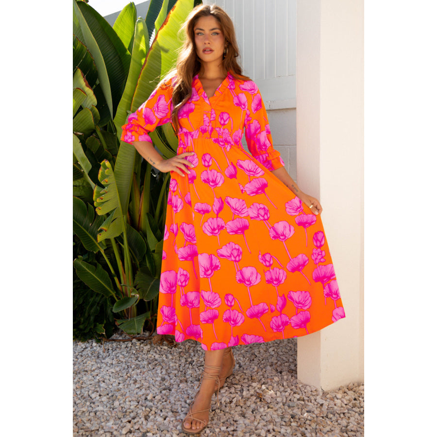 Orange Floral Print Frilly Smocked V Neck 3/4 Sleeve Long Dress Dresses/Maxi Dresses