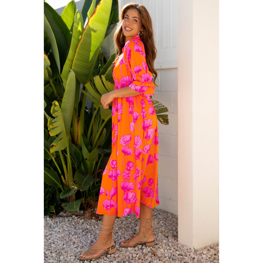 Orange Floral Print Frilly Smocked V Neck 3/4 Sleeve Long Dress Dresses/Maxi Dresses