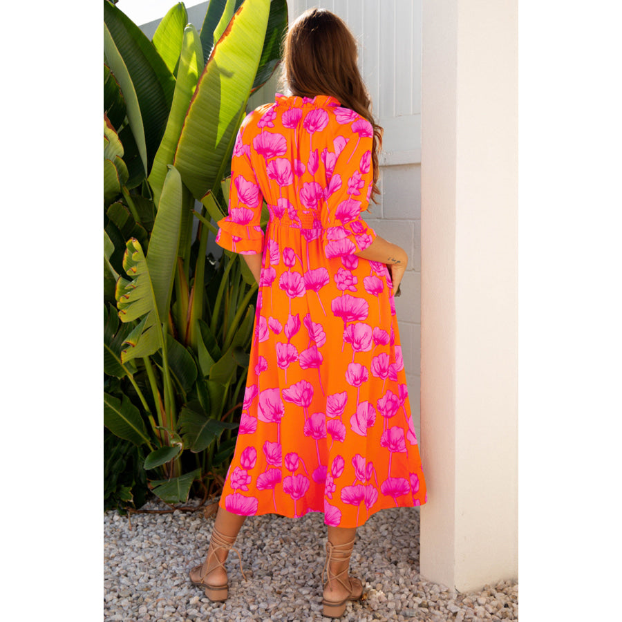 Orange Floral Print Frilly Smocked V Neck 3/4 Sleeve Long Dress Dresses/Maxi Dresses