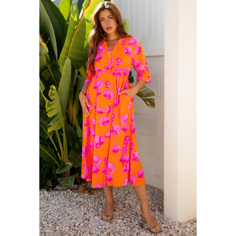 Orange Floral Print Frilly Smocked V Neck 3/4 Sleeve Long Dress Dresses/Maxi Dresses