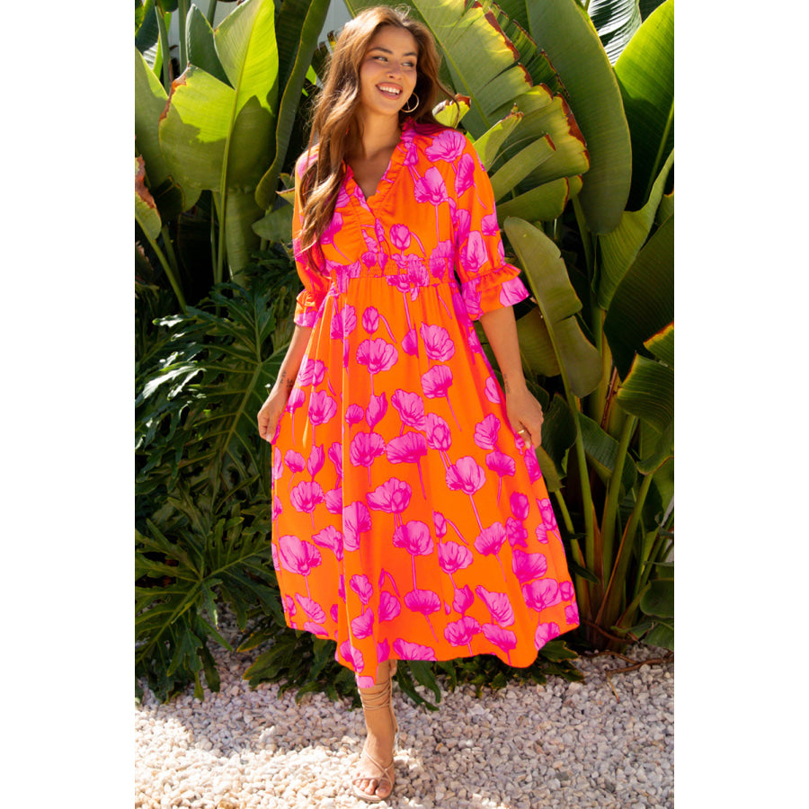 Orange Floral Print Frilly Smocked V Neck 3/4 Sleeve Long Dress Dresses/Maxi Dresses