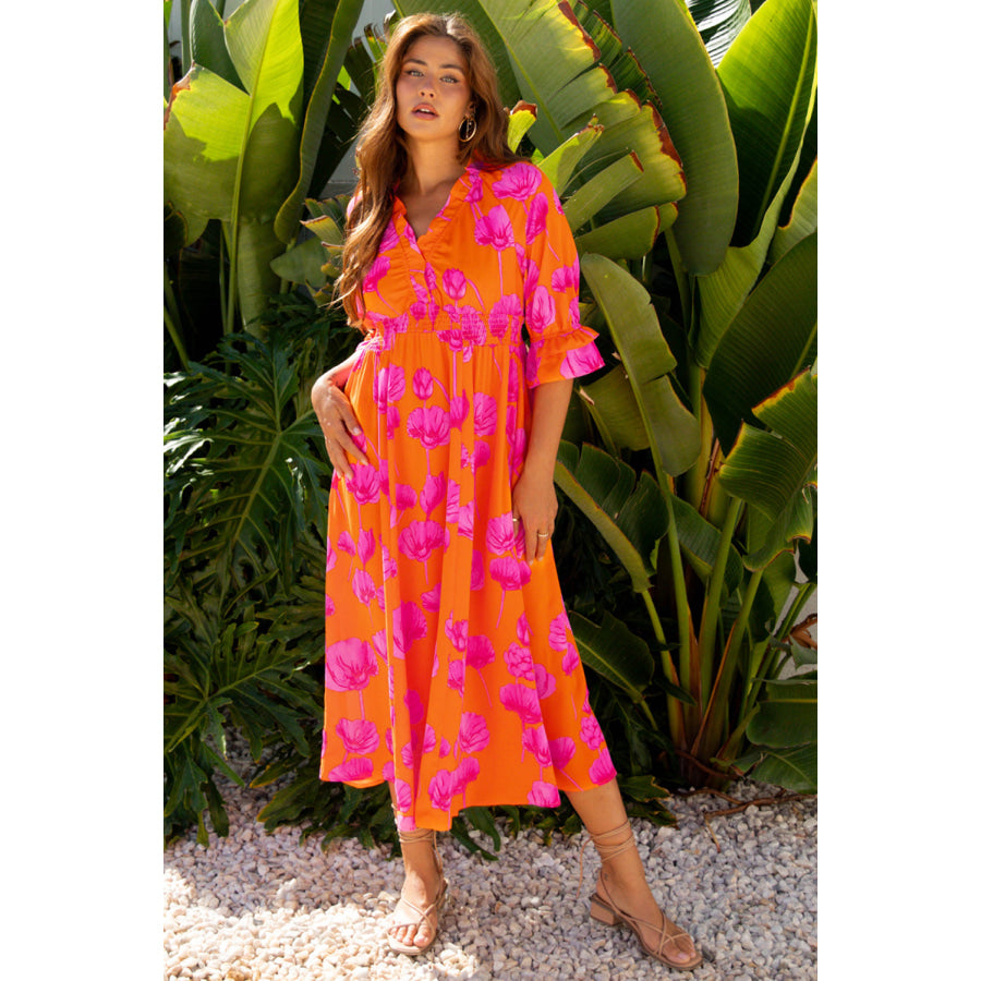 Orange Floral Print Frilly Smocked V Neck 3/4 Sleeve Long Dress Orange / S / 100% Polyester Dresses/Maxi Dresses