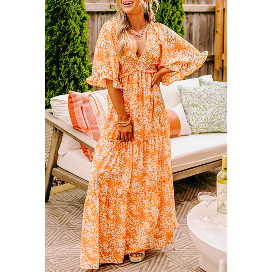 Orange Floral Print Smocked V Neck Wide Sleeve Maxi Dress Dresses/Floral Dresses
