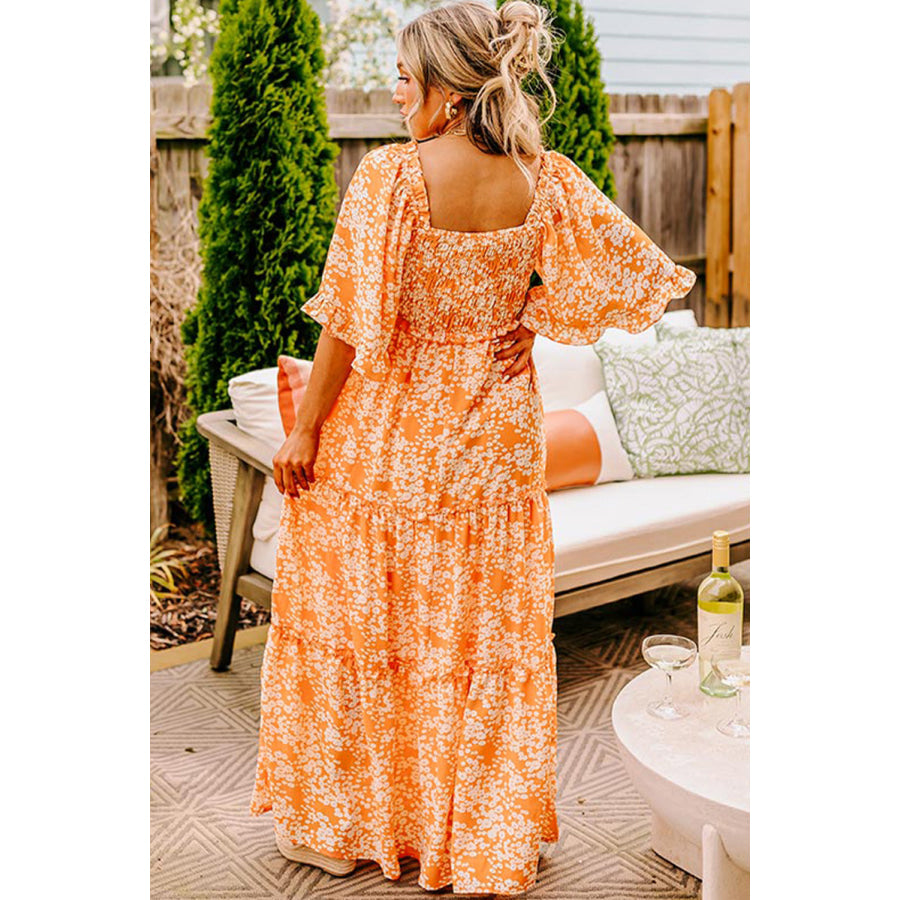 Orange Floral Print Smocked V Neck Wide Sleeve Maxi Dress Dresses/Floral Dresses