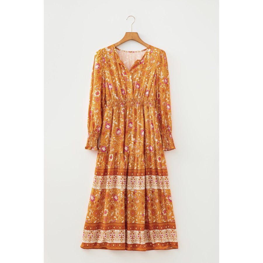 Orange Floral Print Smocked Waist Long Sleeve Boho Maxi Dress Dresses/Floral Dresses