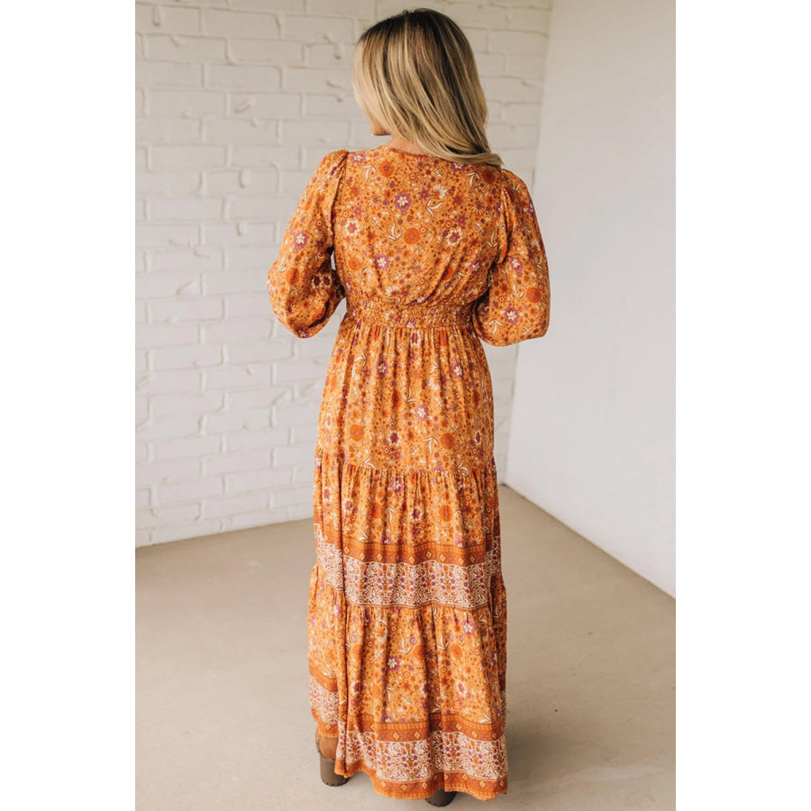 Orange Floral Print Smocked Waist Long Sleeve Boho Maxi Dress Dresses/Floral Dresses