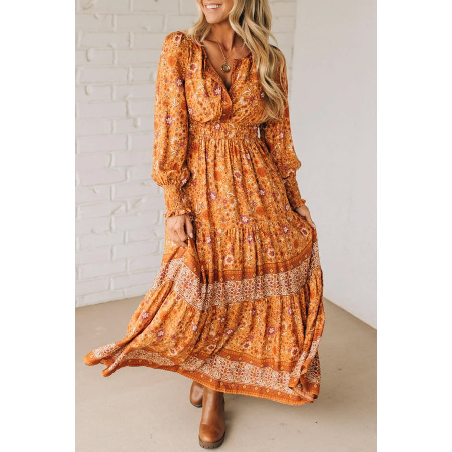 Orange Floral Print Smocked Waist Long Sleeve Boho Maxi Dress Dresses/Floral Dresses