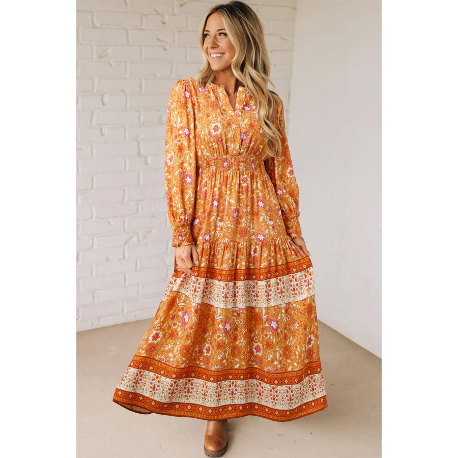 Orange Floral Print Smocked Waist Long Sleeve Boho Maxi Dress Dresses/Floral Dresses