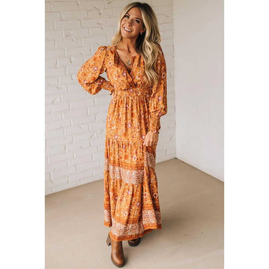 Orange Floral Print Smocked Waist Long Sleeve Boho Maxi Dress Dresses/Floral Dresses