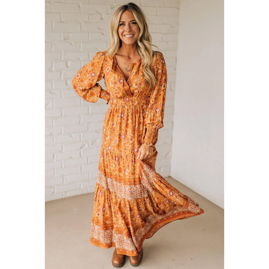 Orange Floral Print Smocked Waist Long Sleeve Boho Maxi Dress Dresses/Floral Dresses