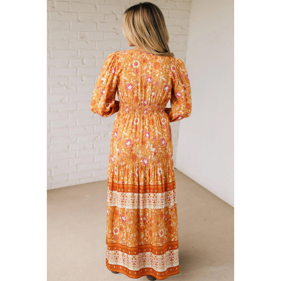 Orange Floral Print Smocked Waist Long Sleeve Boho Maxi Dress Dresses/Floral Dresses
