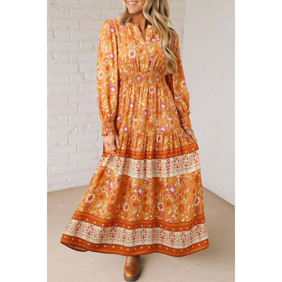 Orange Floral Print Smocked Waist Long Sleeve Boho Maxi Dress Orange / S / 100% Viscose Dresses/Floral Dresses