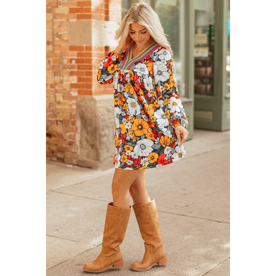 Orange Floral Print Striped Lace V Neck Long Sleeve Mini Dress Dresses/Floral Dresses