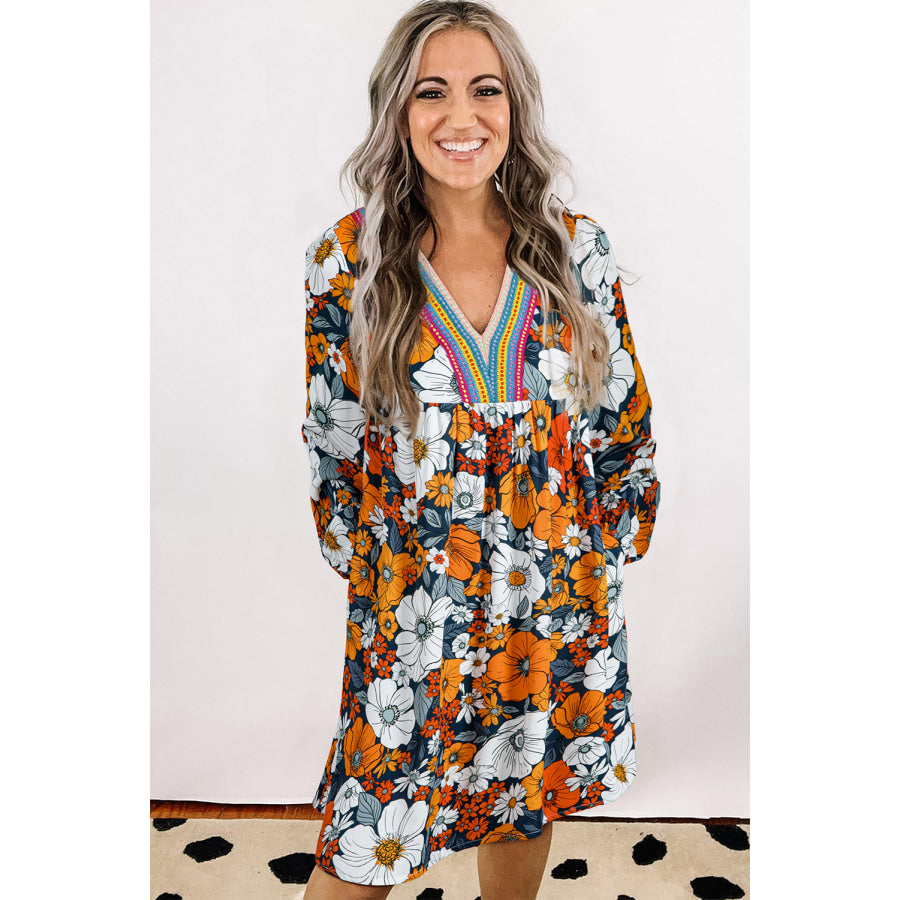 Orange Floral Print Striped Lace V Neck Long Sleeve Mini Dress Dresses/Floral Dresses