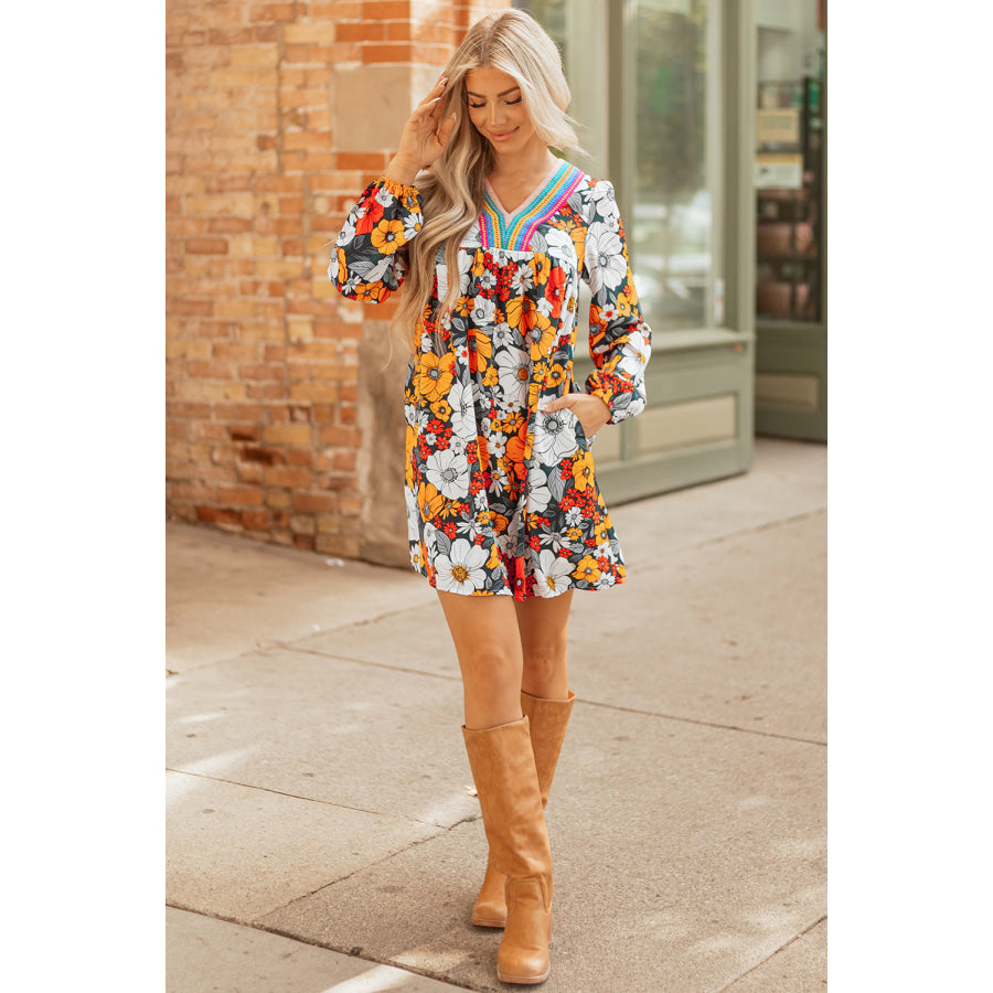 Orange Floral Print Striped Lace V Neck Long Sleeve Mini Dress Dresses/Floral Dresses