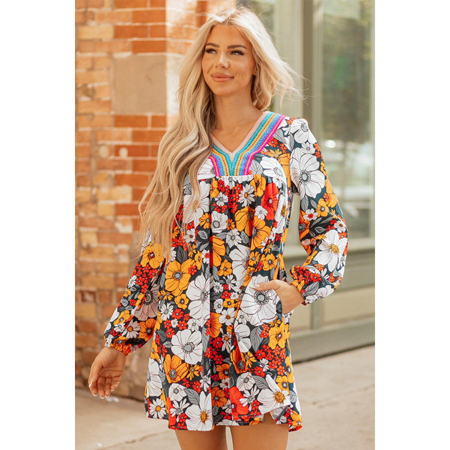 Orange Floral Print Striped Lace V Neck Long Sleeve Mini Dress Orange / S / 100% Polyester Dresses/Floral Dresses