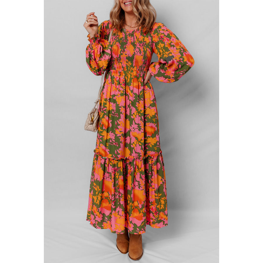 Orange Floral Puff Sleeve Smocked Bodice Ruffled Long Dress Dresses/Floral Dresses