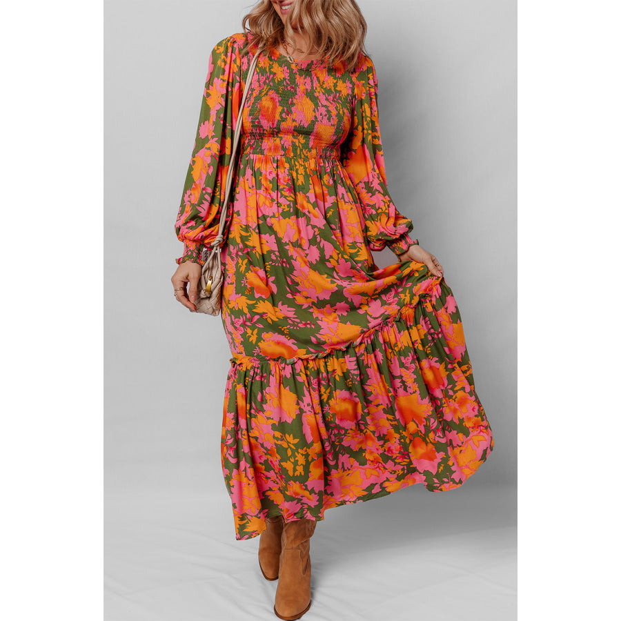 Orange Floral Puff Sleeve Smocked Bodice Ruffled Long Dress Dresses/Floral Dresses