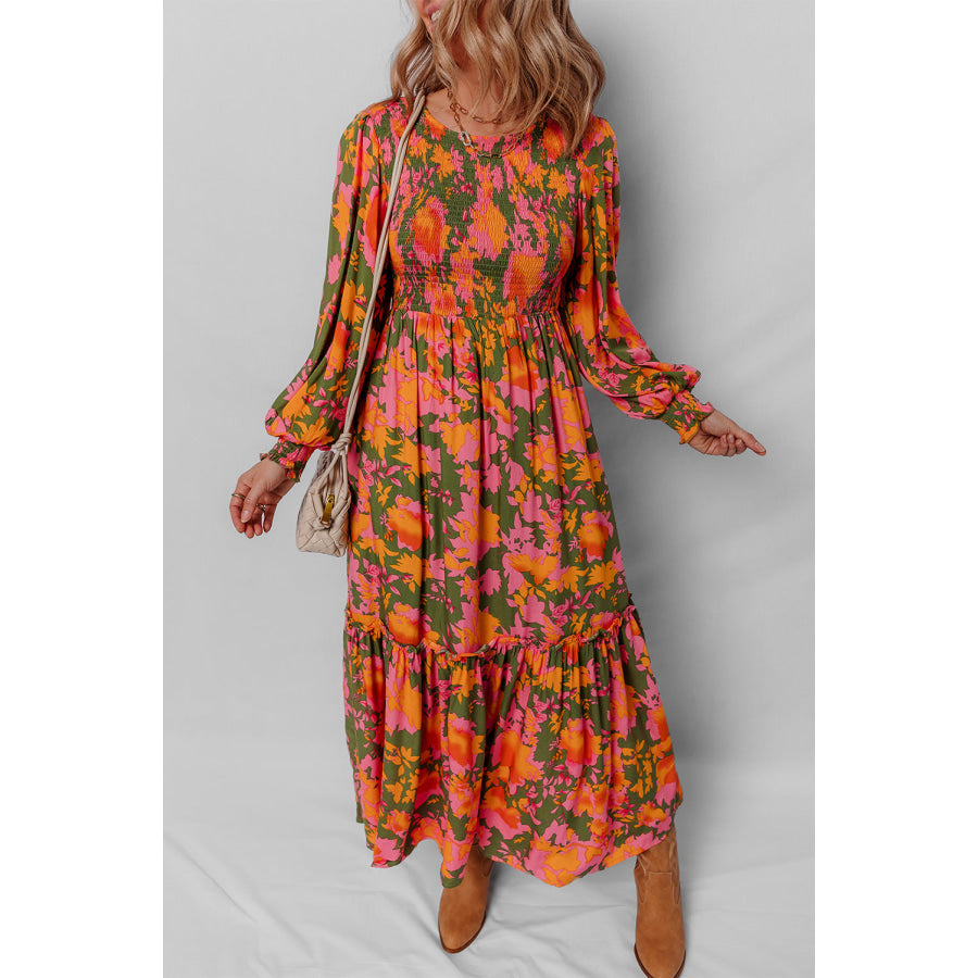 Orange Floral Puff Sleeve Smocked Bodice Ruffled Long Dress Dresses/Floral Dresses