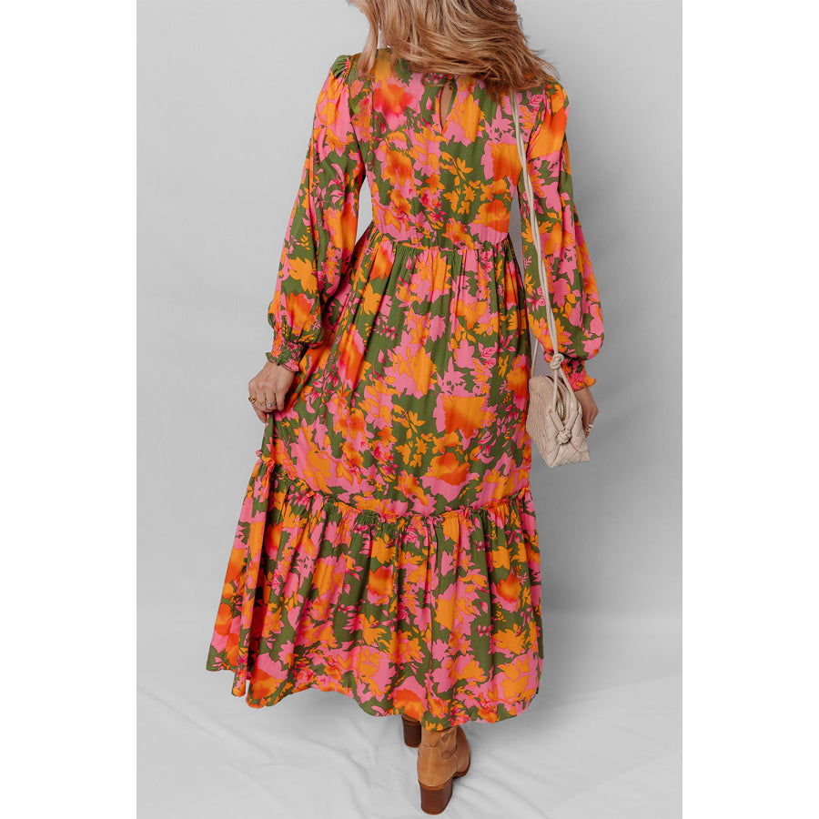 Orange Floral Puff Sleeve Smocked Bodice Ruffled Long Dress Dresses/Floral Dresses