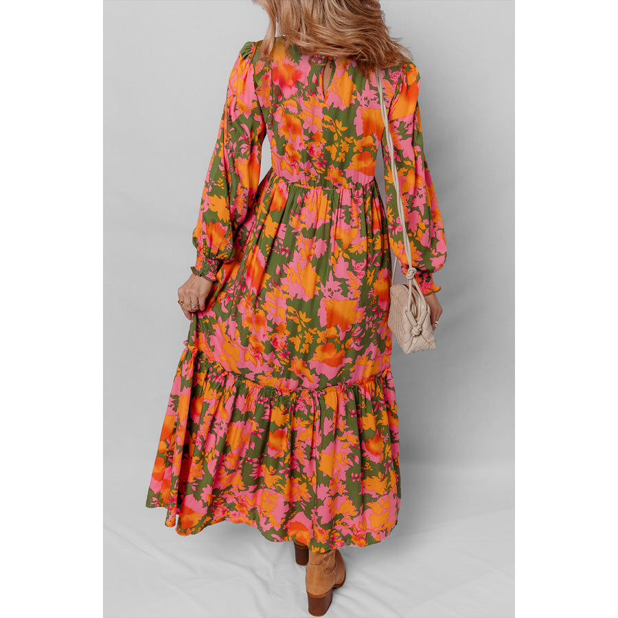 Orange Floral Puff Sleeve Smocked Bodice Ruffled Long Dress Dresses/Floral Dresses