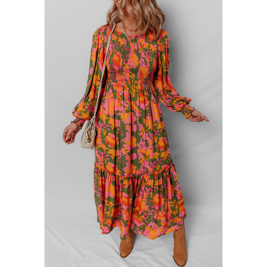 Orange Floral Puff Sleeve Smocked Bodice Ruffled Long Dress Dresses/Floral Dresses