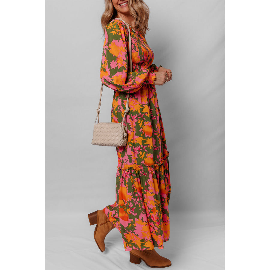 Orange Floral Puff Sleeve Smocked Bodice Ruffled Long Dress Dresses/Floral Dresses
