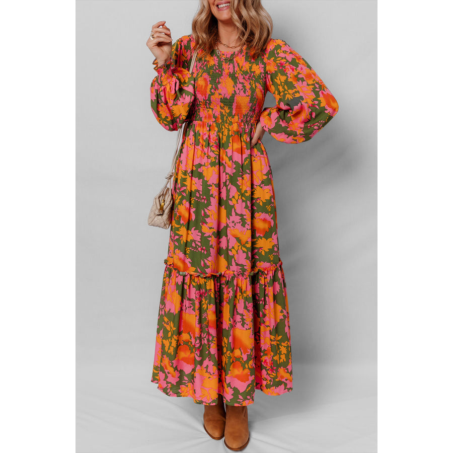 Orange Floral Puff Sleeve Smocked Bodice Ruffled Long Dress Orange / S / 100% Viscose Dresses/Floral Dresses