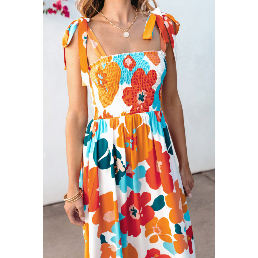 Orange Floral Self Tied Straps Smocked Bust Maxi Dress Dresses/Floral Dresses