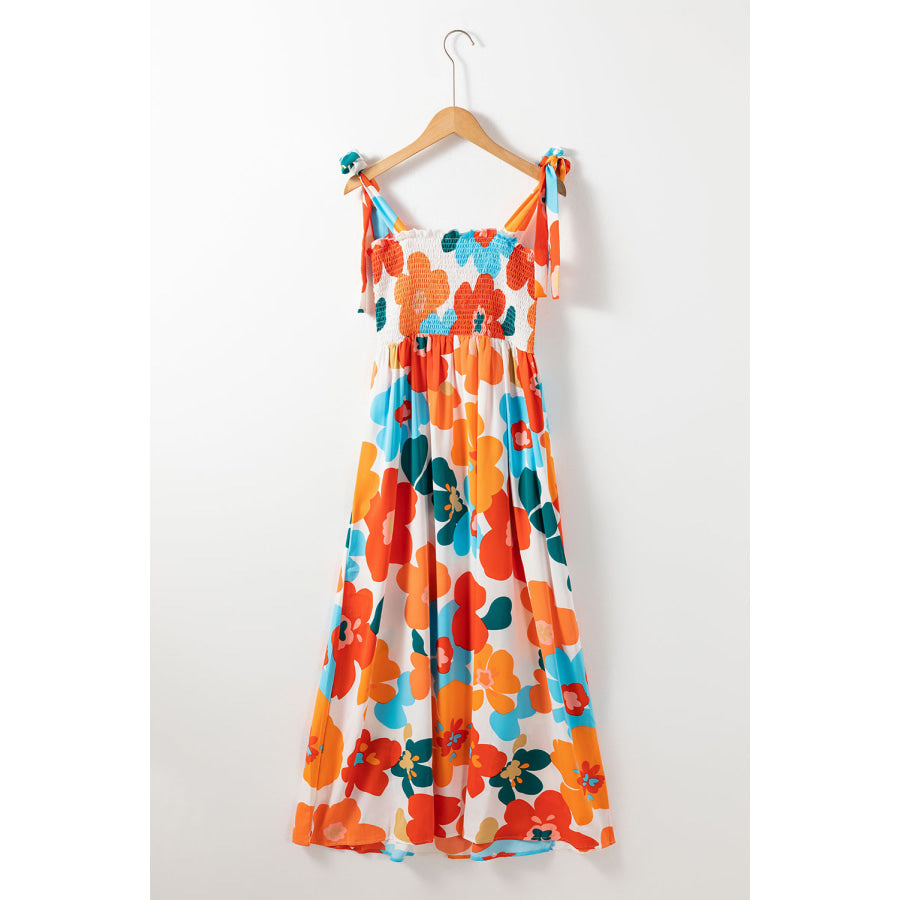 Orange Floral Self Tied Straps Smocked Bust Maxi Dress Dresses/Floral Dresses