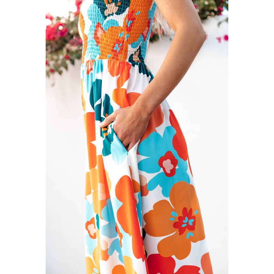 Orange Floral Self Tied Straps Smocked Bust Maxi Dress Dresses/Floral Dresses