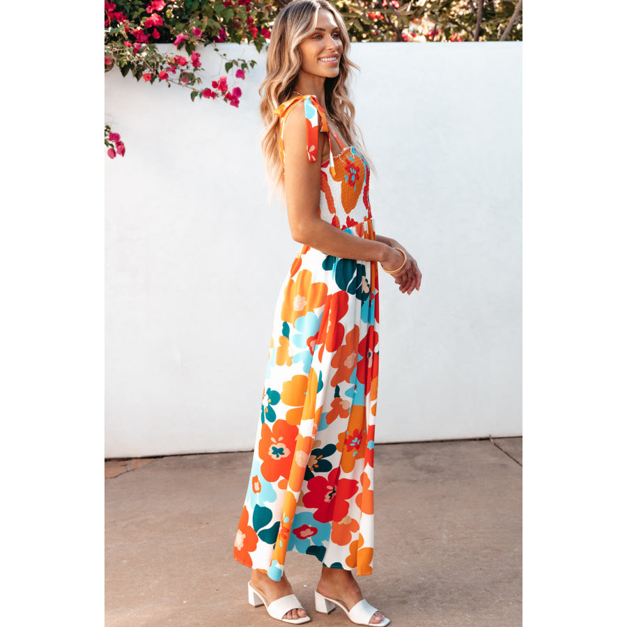 Orange Floral Self Tied Straps Smocked Bust Maxi Dress Dresses/Floral Dresses