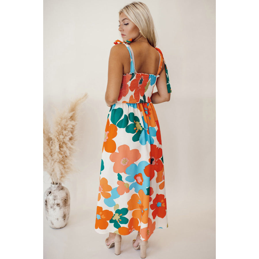 Orange Floral Self Tied Straps Smocked Bust Maxi Dress Dresses/Floral Dresses