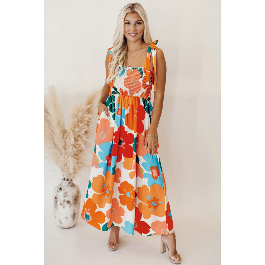 Orange Floral Self Tied Straps Smocked Bust Maxi Dress Dresses/Floral Dresses