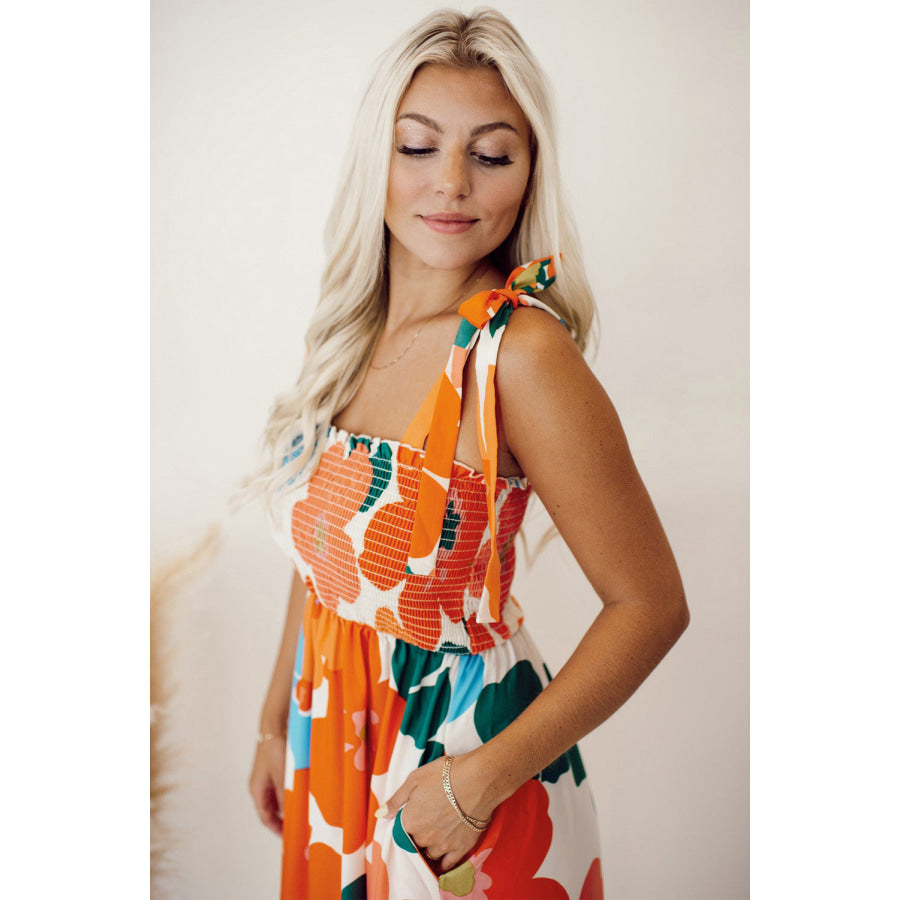 Orange Floral Self Tied Straps Smocked Bust Maxi Dress Dresses/Floral Dresses