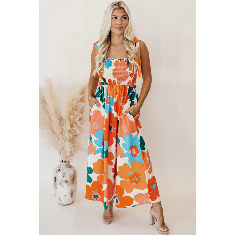 Orange Floral Self Tied Straps Smocked Bust Maxi Dress Dresses/Floral Dresses