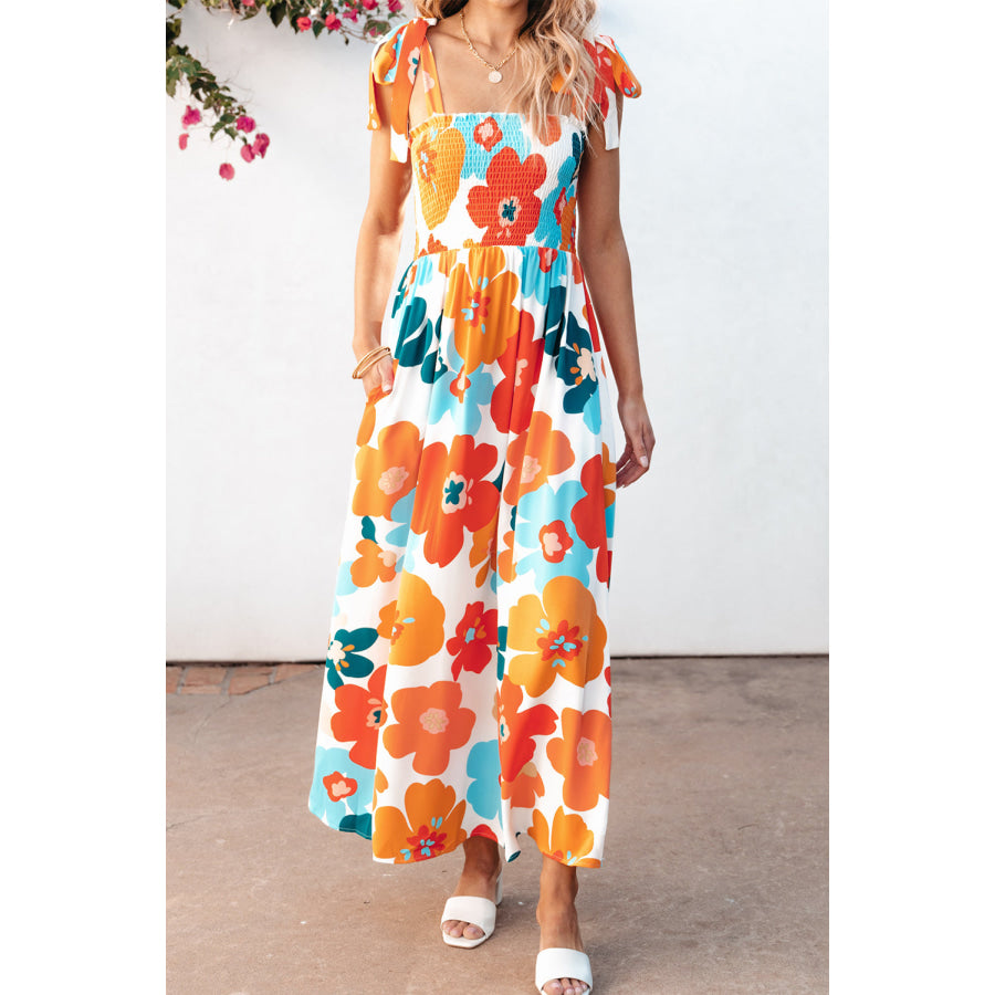 Orange Floral Self Tied Straps Smocked Bust Maxi Dress Dresses/Floral Dresses