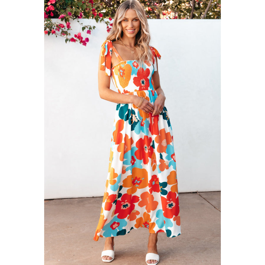 Orange Floral Self Tied Straps Smocked Bust Maxi Dress Dresses/Floral Dresses