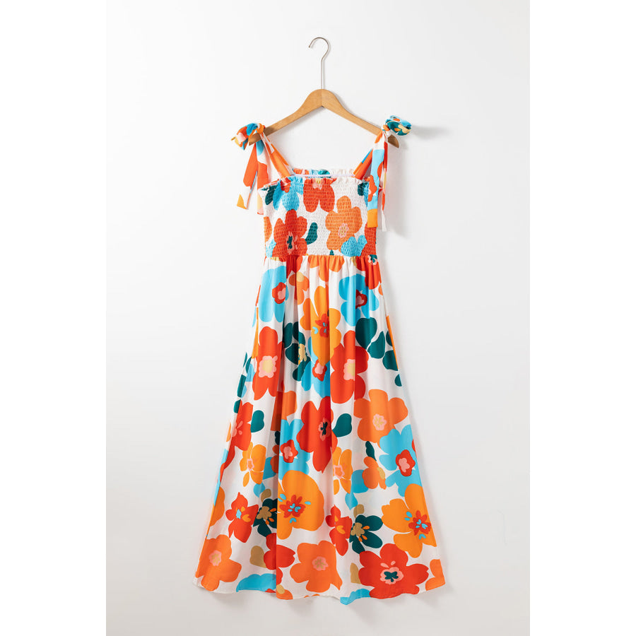 Orange Floral Self Tied Straps Smocked Bust Maxi Dress Dresses/Floral Dresses