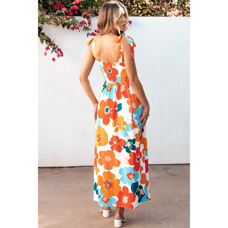 Orange Floral Self Tied Straps Smocked Bust Maxi Dress Dresses/Floral Dresses