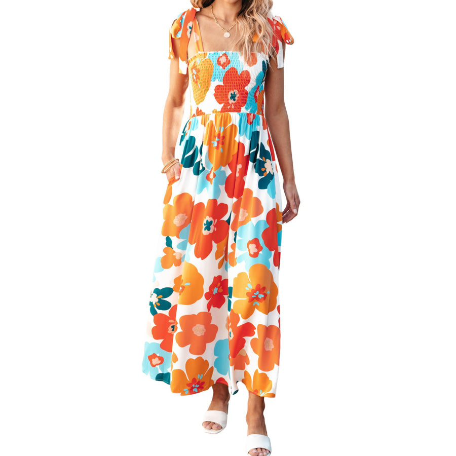 Orange Floral Self Tied Straps Smocked Bust Maxi Dress Dresses/Floral Dresses