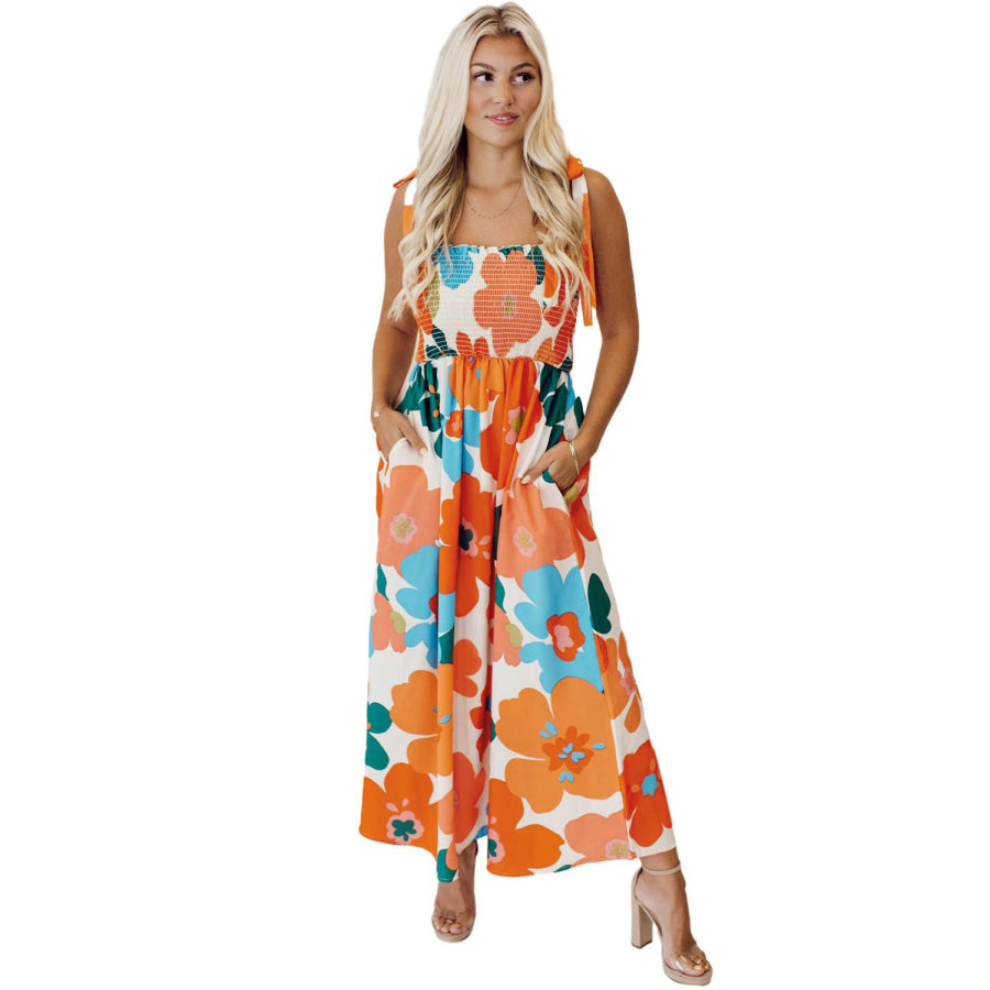 Orange Floral Self Tied Straps Smocked Bust Maxi Dress Dresses/Floral Dresses