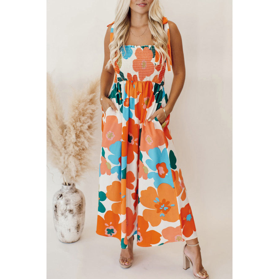 Orange Floral Self Tied Straps Smocked Bust Maxi Dress Orange / S / 100% Polyester Dresses/Floral Dresses