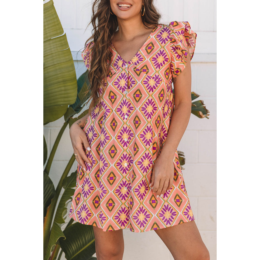 Orange Geometric Floral V Neck Buttoned Ruffled Sleeve Mini Dress Dresses/Mini Dresses